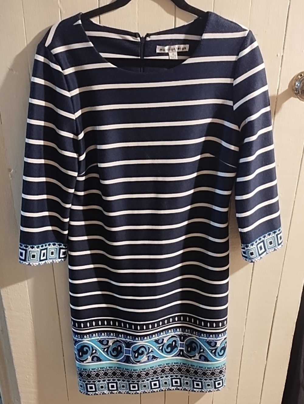 madison leigh Navy and White Striped Midi Dress with Blue Border Detail VGC 12
